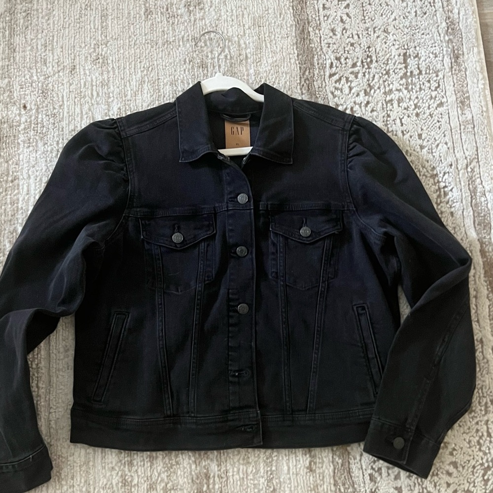 GAP Black Puff Sleeve Denim Jacket XL Cropped Trendy Balloon Sleeve